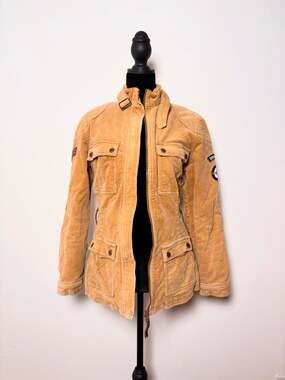 Vintage Lambretta Tan Corduroy Aviator Biker Jacket Patches Zip Up Coat Size M